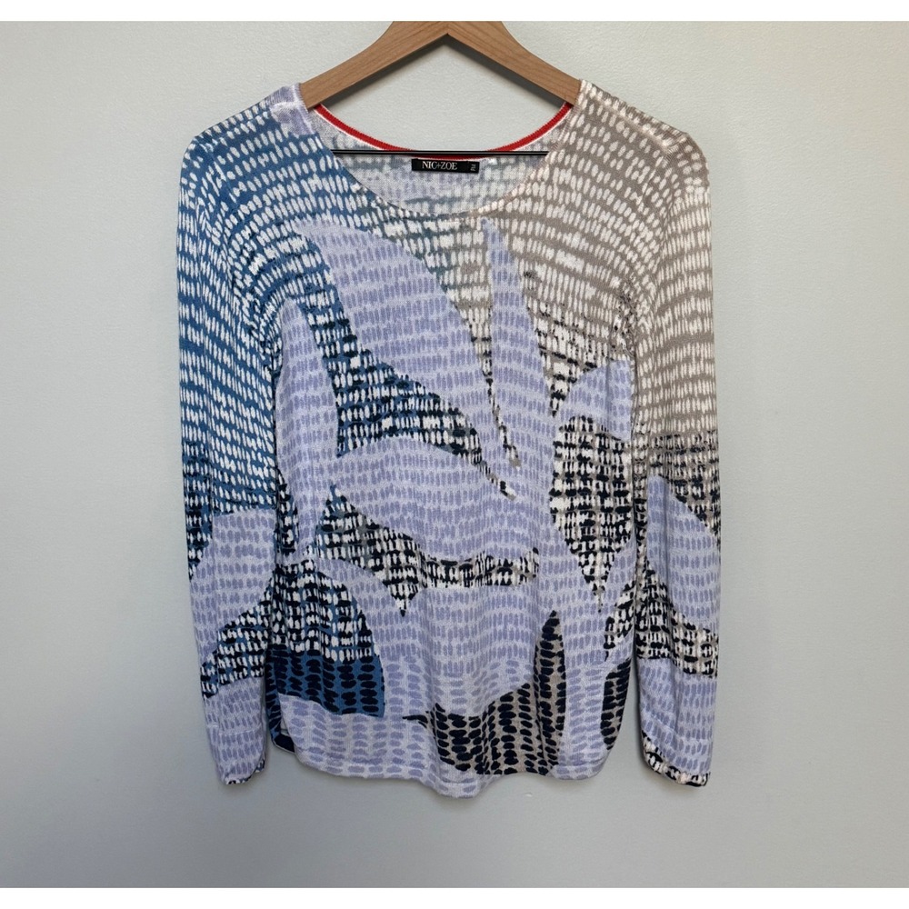 NIC+ZOE Women Abstract Palm Leaf Print Linen Blend Knit Sweater PM Petite M